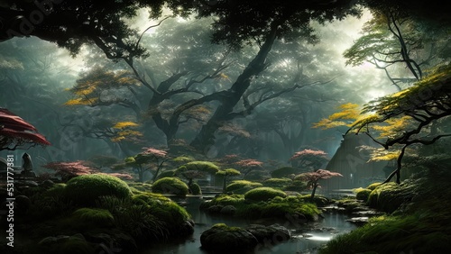 Dark Japanese garden with big old trees  Japanese forest  park. Fantasy landscape  dense forest landscape. 3D illustration.