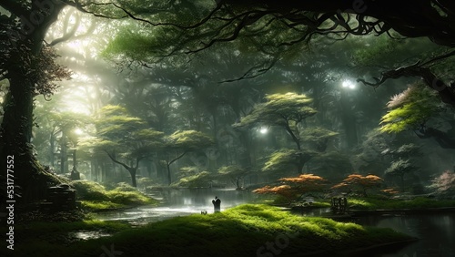 Dark Japanese garden with big old trees  Japanese forest  park. Fantasy landscape  dense forest landscape. 3D illustration.