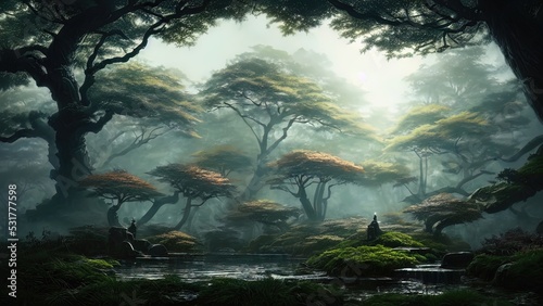 Dark Japanese garden with big old trees, Japanese forest, park. Fantasy landscape, dense forest landscape. 3D illustration.