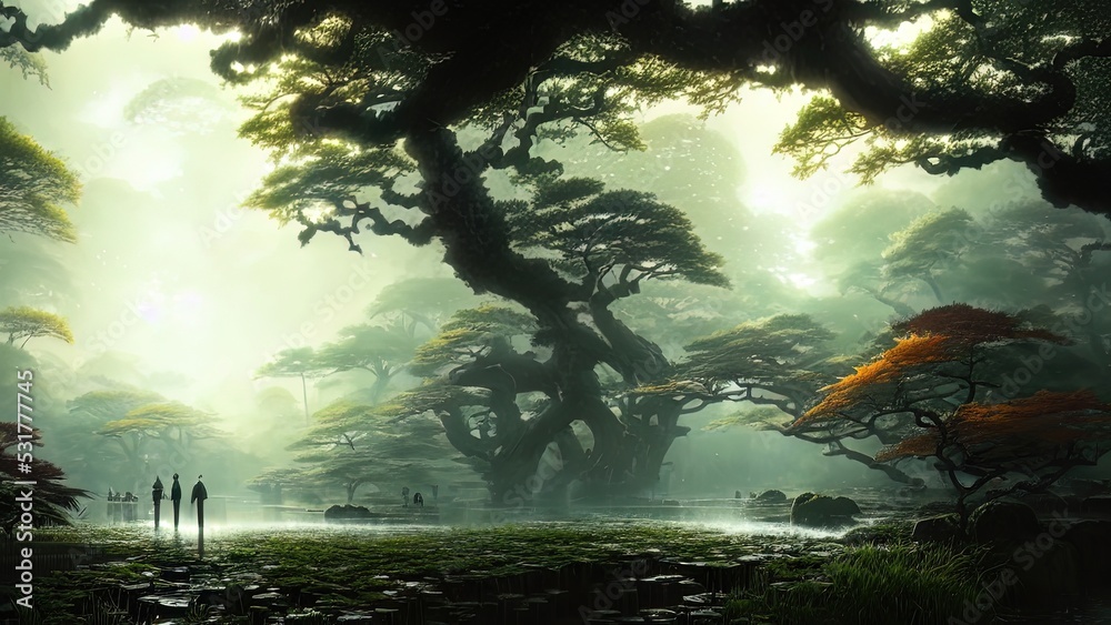 Dark Japanese garden with big old trees, Japanese forest, park. Fantasy landscape, dense forest landscape. 3D illustration.