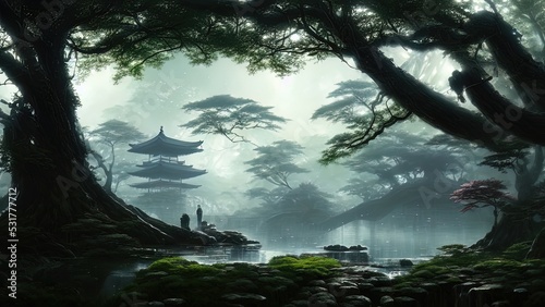 Dark Japanese garden with big old trees  Japanese forest  park. Fantasy landscape  dense forest landscape. 3D illustration.