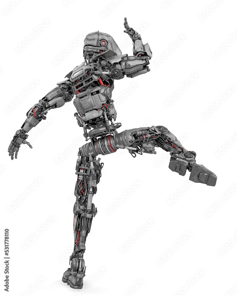 mega robotin is doing some kung fu fighting on white background rear view