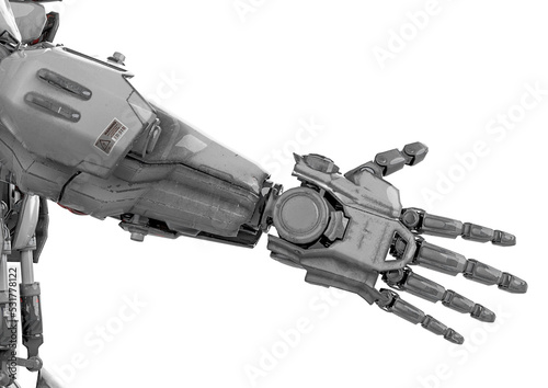 close up on the hand of the mega robot in white background