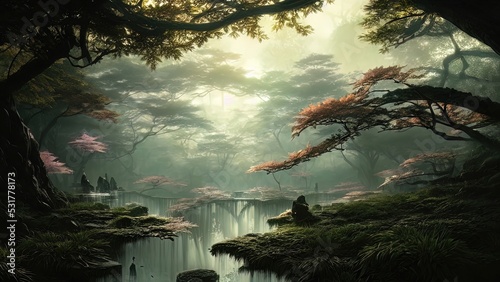Dark Japanese garden with big old trees, Japanese forest, park. Fantasy landscape, dense forest landscape. 3D illustration. © Terablete