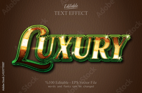 Luxury shiny golden editable text with green leather covering with leather brown background