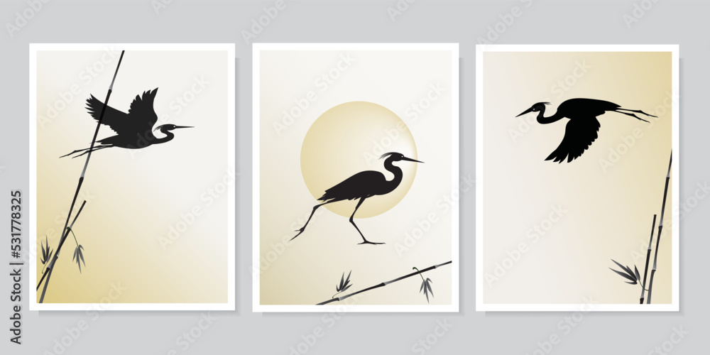 Birds herons (storks, cranes), reeds and the sun isolated on light gray background. Vector silhouette wall art drawings set for wall design, wallpapers, poster, covers, other.