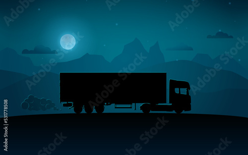 Silhouette of truck drive in nature landscape with mountains at night vector illustration