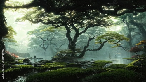 Dark Japanese garden with big old trees  Japanese forest  park. Fantasy landscape  dense forest landscape. 3D illustration.