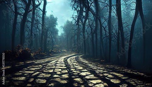 Fotografie, Tablou Raster illustration of spooky empty road in evening scary forest under clouds of smoke