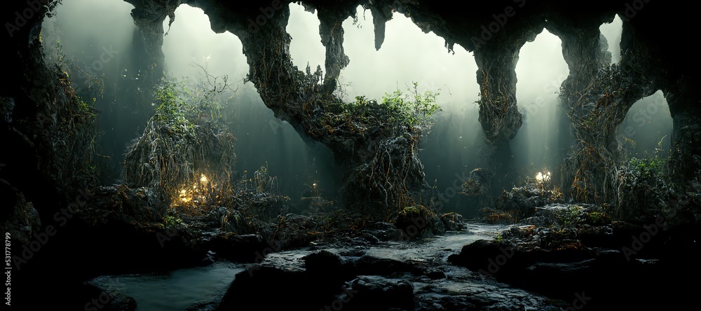 Raster illustration of beautiful and gloomy dungeon. A hole deep in the ...