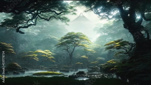 Dark Japanese garden with big old trees  Japanese forest  park. Fantasy landscape  dense forest landscape. 3D illustration.