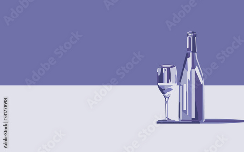 A bottle of wine and next to it a glass of wine in an abstract mosaic style in a trendy very peri color. Monochrome.