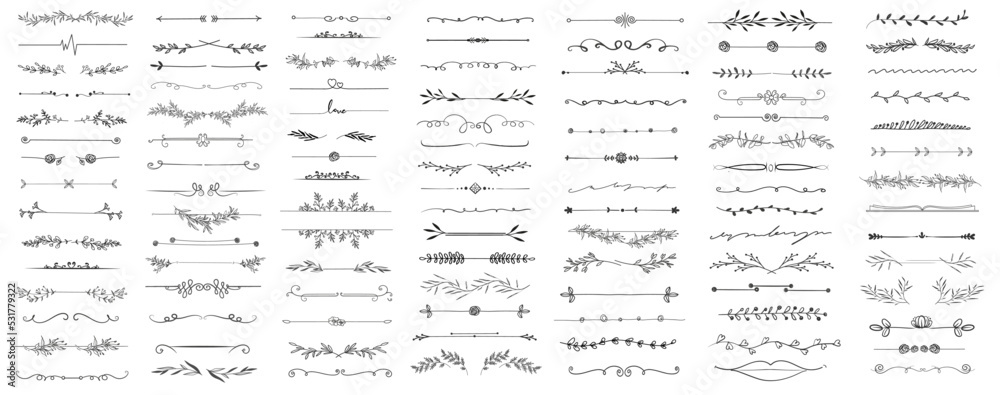 Hand drawn vector dividers. Lines, borders and laurels set.