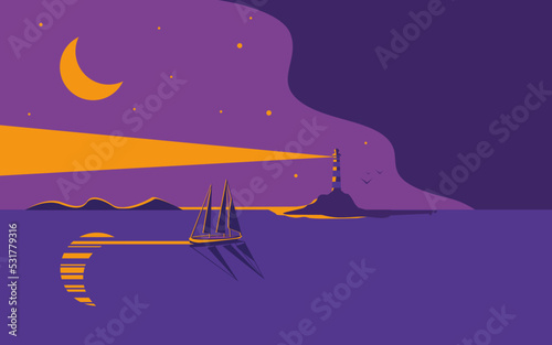 Beautiful night seascape. A lighthouse on the shore and a yacht or sea vessel sails nearby against the backdrop of the night sky.
