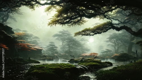 Dark Japanese garden with big old trees  Japanese forest  park. Fantasy landscape  dense forest landscape. 3D illustration.