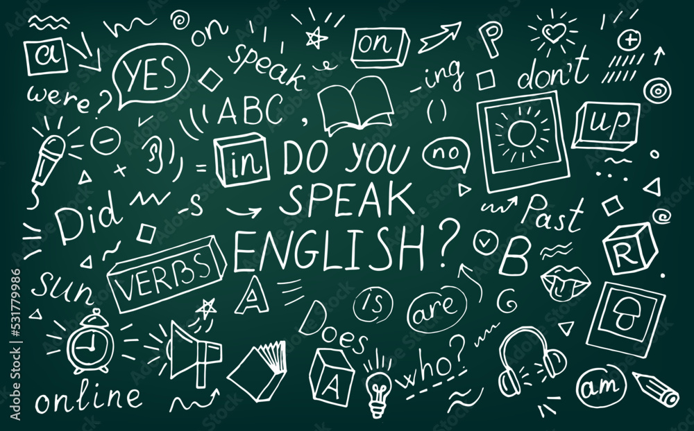 Do you speak English? English language learning concept vector illustration. Doodle of foreign language education course for home online training study. Background design with english word art Do you speak English? English language learning concept vector illustration. Doodle of foreign language education course for home online training study. Background design with english word art
