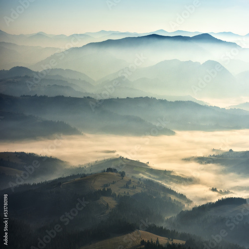 silhouettes of morning mountains. foggy morning in the Carpathians. Mountain landscape