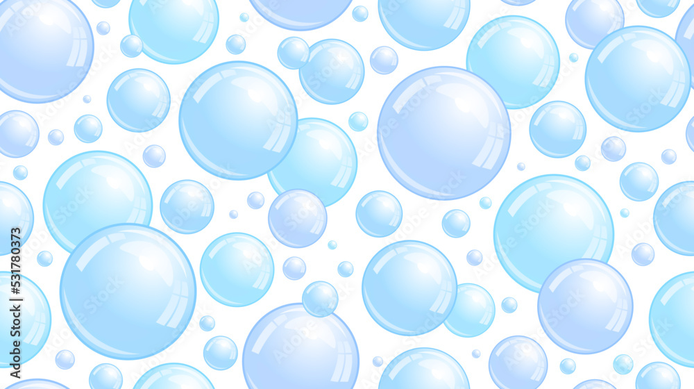 Soap bubbles seamless pattern. Repeated foam decoration wallpaper. Water bubble background. Vector  - obrazy, fototapety, plakaty 