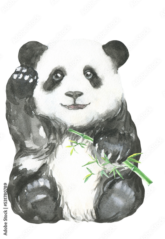 Naklejka premium Watercolor baby panda with bamboo illustration, cute animal drawing, chinese hat, nursery decor,print,poster,postcard, baby shower, hand-painted clipart, it's a boy, gender reveal party, neutral, diy