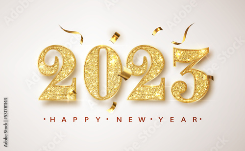 New year banner with 2023 gold glitter numbers on bright background with Flying Confetti. Banner For Christmas and winter holiday headers, party flyers.