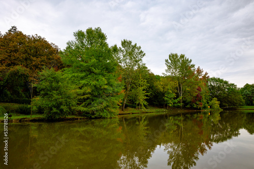 Fall view. Pond in the forest at autumn. Ataturk Arboretum in Istanbul