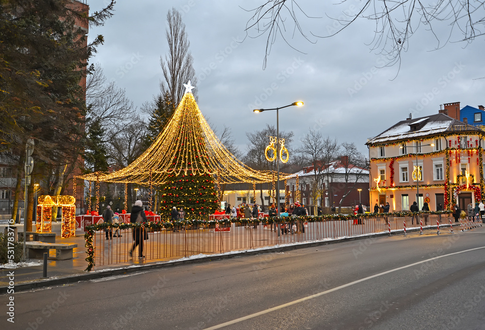 ZELENOGRADSK, RUSSIA - JANUARY 11, 2022: View of the decorated Central Square on New Year's holidays. Kaliningrad region