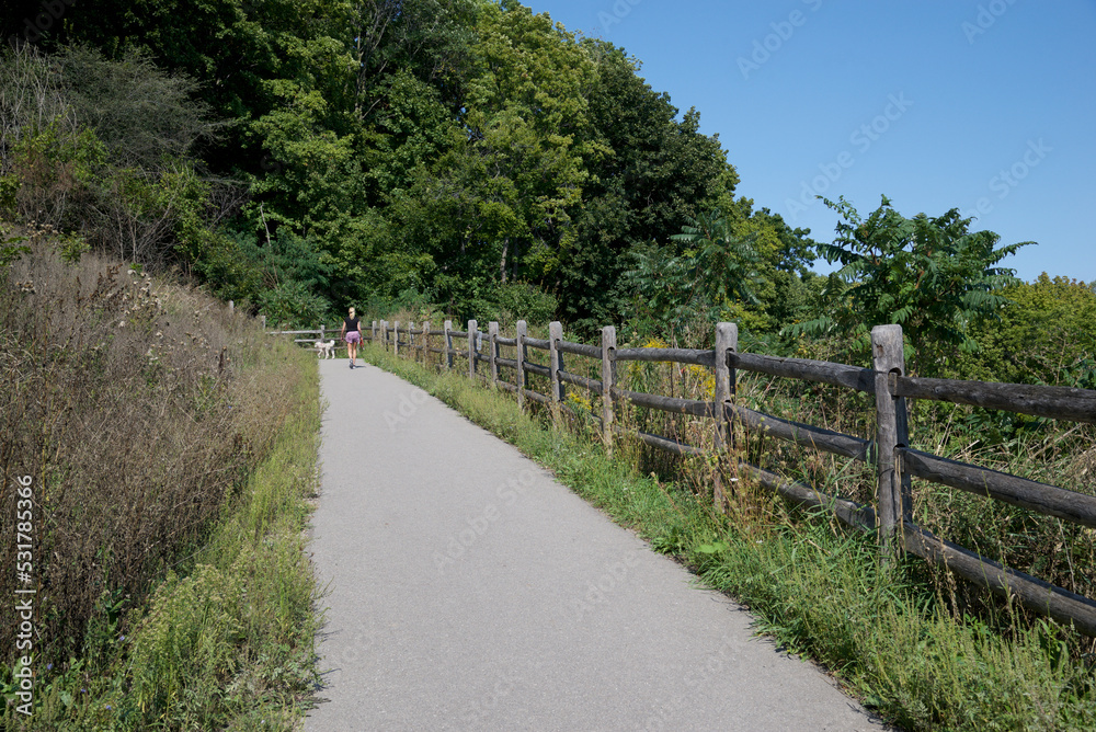 Mature healthy woman walking the dog, outside, healthy lifestyle.