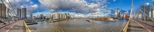 Cityscape, panorama, banner - view from the Erasmus Bridge to the River Maas and the City of Rotterdam, The Netherlands