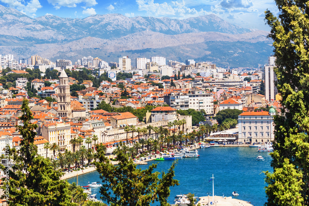 Coastal summer cityscape - top view of the Old Town and port in the city of Split, the Adriatic coast of Croatia