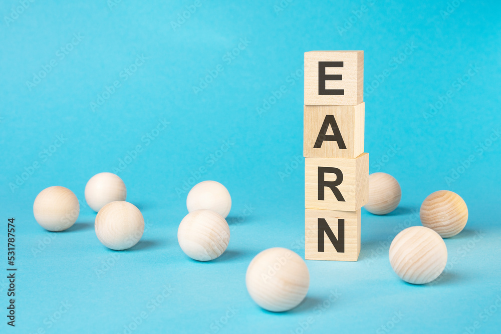 EARN - text on wooden block with bright blue background