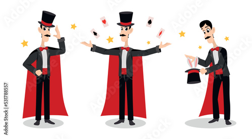 Vector illustration of a cute and beautiful magician on white background. Charming fabulous characters in different poses greets, shows trick with cards and takes rabbits out of hat in cartoon style.