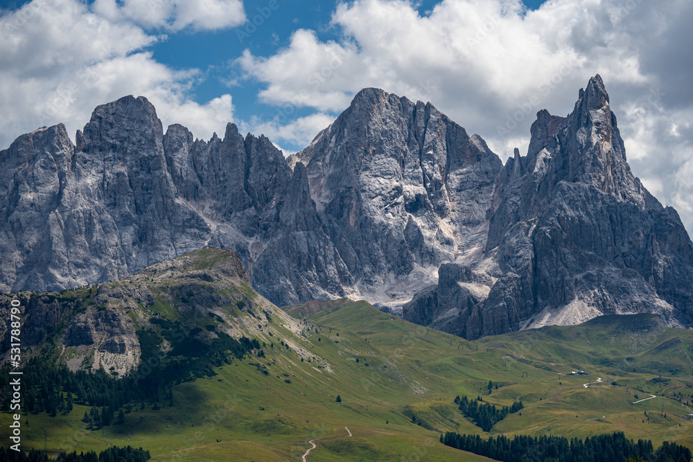 Fototapeta premium Mountains view from Malga Bocche, Trentino, Italy. Cloudy sky and green meadows.