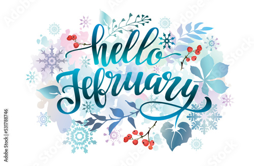 Hello February banner with colorful leaves, snowflakes, berries and lettering inscription. Winter background.