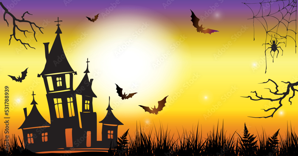 Halloween horizontal background design with castle, bats and spider. Vector design template for offer, coupon, flyer, celebration banner, voucher.