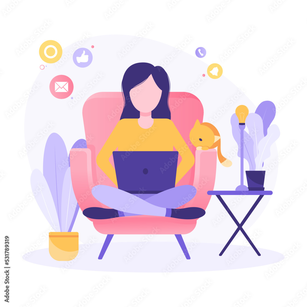 Work at home concept design. Freelance working on laptop at her house, dressed in home clothes. Vector isolated on white background. Online study, education.