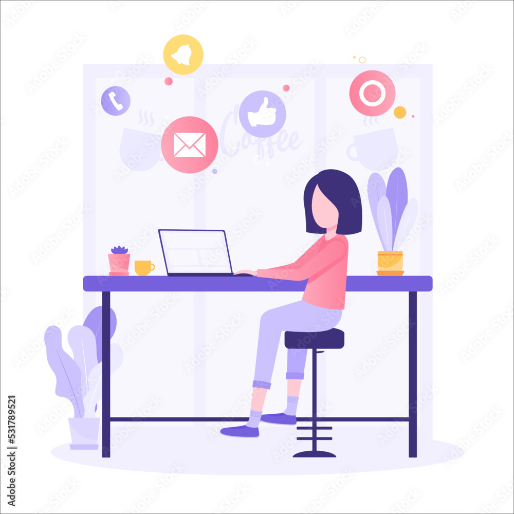 Work at home concept design. Freelance working on laptop at her house, dressed in home clothes. Vector isolated on white background. Online study, education. Work at home concept design. Freelance working on laptop at her house, dressed in home clothes. Vector isolated on white background. Online study, education.
