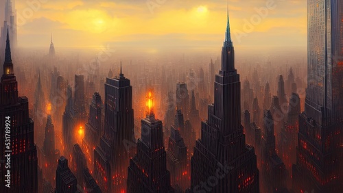 Dark neon city with New York skyscrapers, Light in the windows, neon streets, top view of the city, sunset. 3D illustration. © Terablete
