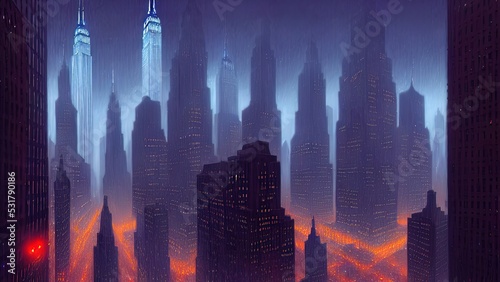 Dark neon city with New York skyscrapers, Light in the windows, neon streets, top view of the city, sunset. 3D illustration.