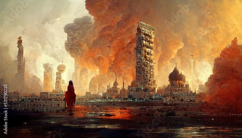 Fotografia The Golden City of Babylon, painting illustration, Babylon city skyline