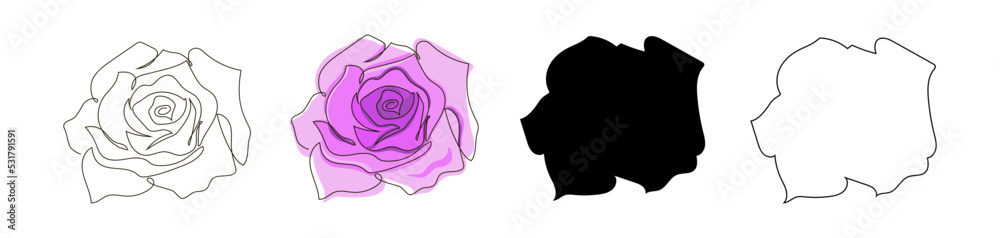 Set of roses in style-one line, doodle in pink, outline and black silhouette. Stock vector illustration isolated on white background.