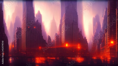 Dark neon city with New York skyscrapers  Light in the windows  neon streets  top view of the city  sunset. 3D illustration.