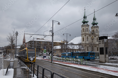 Photography capital city streets budapest after a night falling a lot of snow