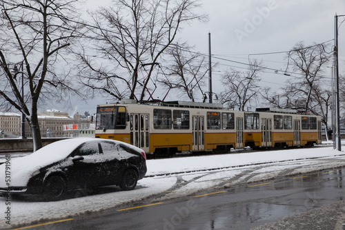 capital city streets budapest after a night falling a lot of snow