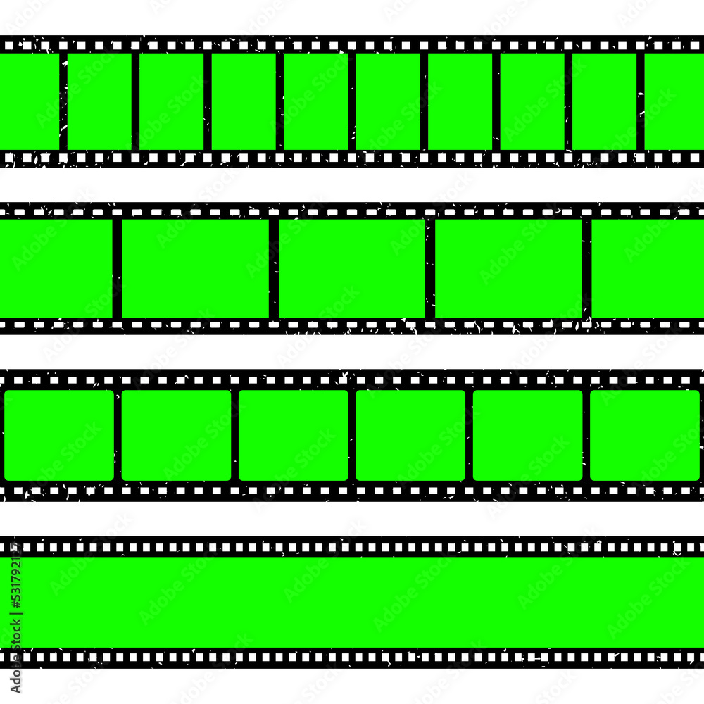 Realistic grunge film strip, camera roll. Old retro cinema movie strip with blank green chroma key background. Analog video recording and photography. Visual effects compositing. Vector illustration Realistic grunge film strip, camera roll. Old retro cinema movie strip with blank green chroma key background. Analog video recording and photography. Visual effects compositing. Vector illustration
