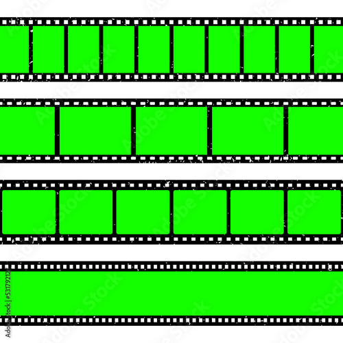 Realistic grunge film strip, camera roll. Old retro cinema movie strip with blank green chroma key background. Analog video recording and photography. Visual effects compositing. Vector illustration
