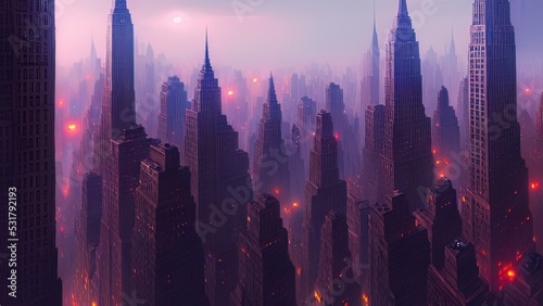 Canvas Print Dark neon city with New York skyscrapers, Light in the windows, neon streets, top view of the city, sunset