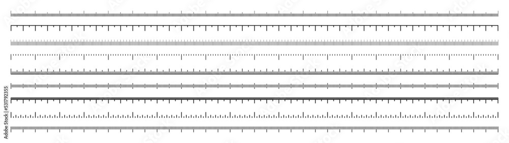 Various measurement scales with divisions. Realistic long scale for measuring length or height in centimeters, millimeters or inches. Ruler, tape measure marks, size indicators. Vector illustration Various measurement scales with divisions. Realistic long scale for measuring length or height in centimeters, millimeters or inches. Ruler, tape measure marks, size indicators. Vector illustration