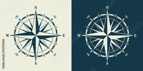 Vintage marine wind rose, nautical chart. Monochrome navigational compass with cardinal directions of North, East, South, West. Geographical position, cartography and navigation. Vector illustration.