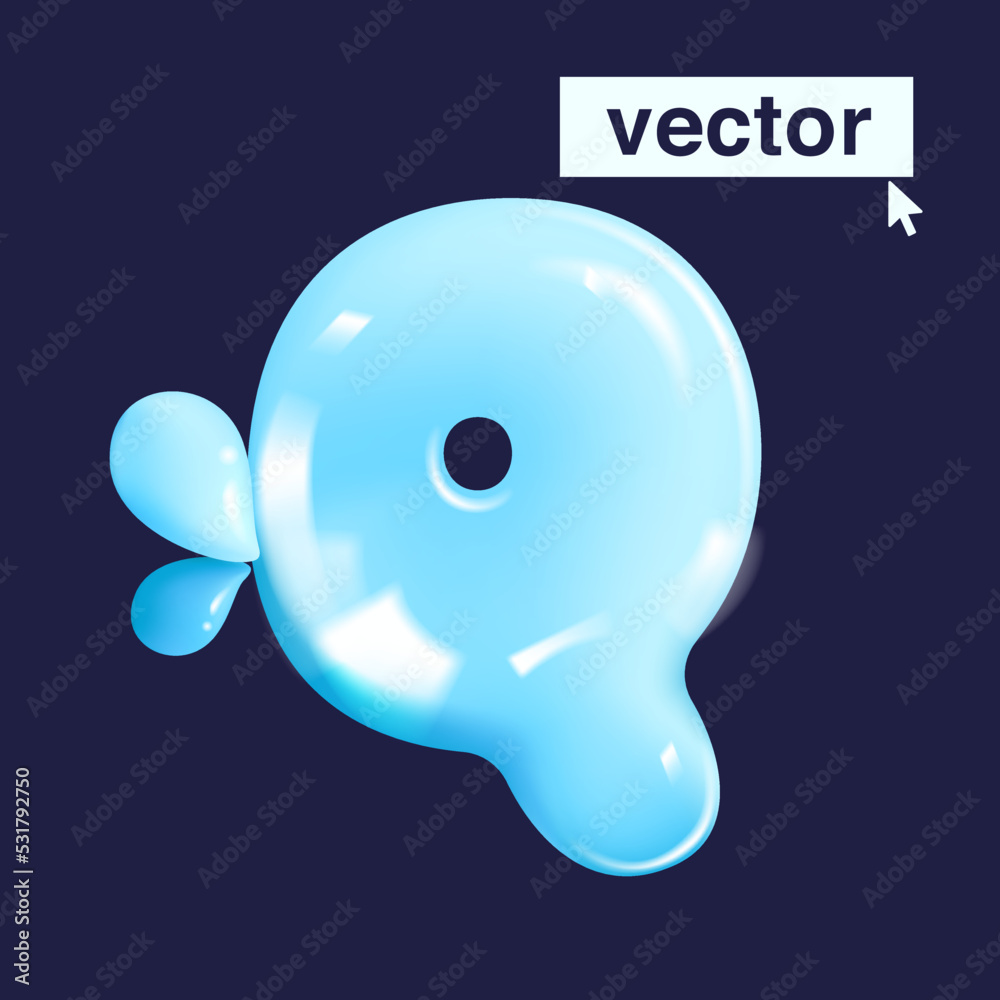 Q letter pure water logo in realistic 3D and cartoon balloon style.