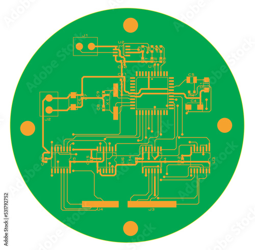Tracing of conductors. Round printed circuit board of green color.  The printed circuit board of an electronic device. Vector drawing of printed tracks, transition holes and contact pads.